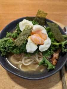 Ramen with miso glazed chicken and kale